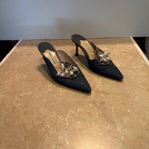 Manolo Blahnik blue denim mules with embellishments